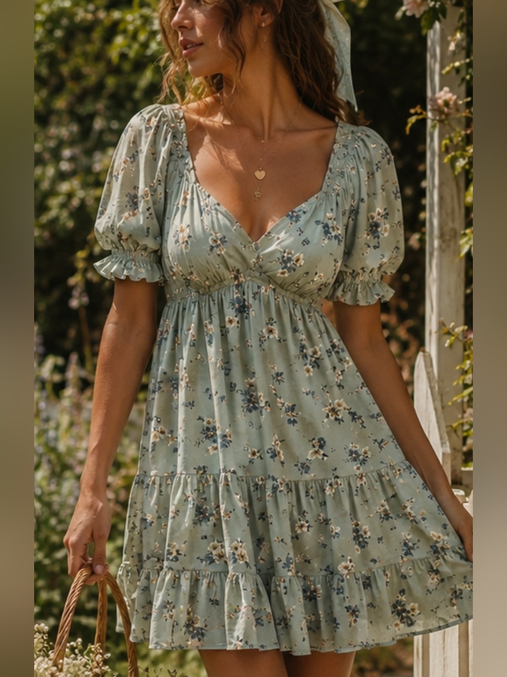 Inspired Hearts Sage Blue Floral Puff Sleeve Mini Dress | Cottagecore | Small